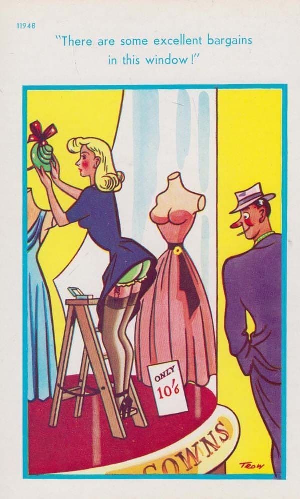 Upskirt Lady In Shop Ballgown Suspenders Dress Vintage Old Comic Humour Postcard