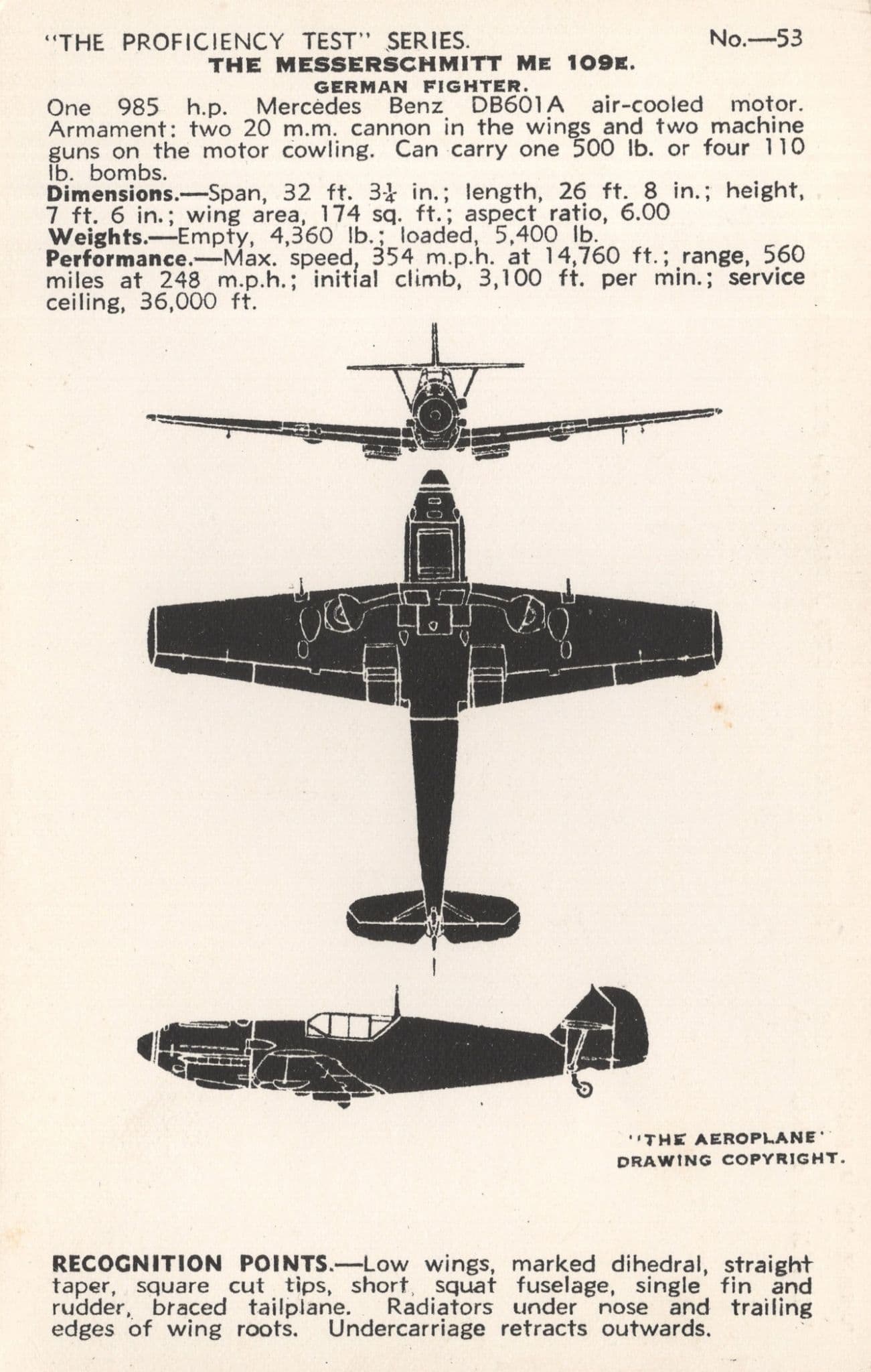 Valentines Aircraft Recognition Series Messerschmitt No 53 German Plane Postcard