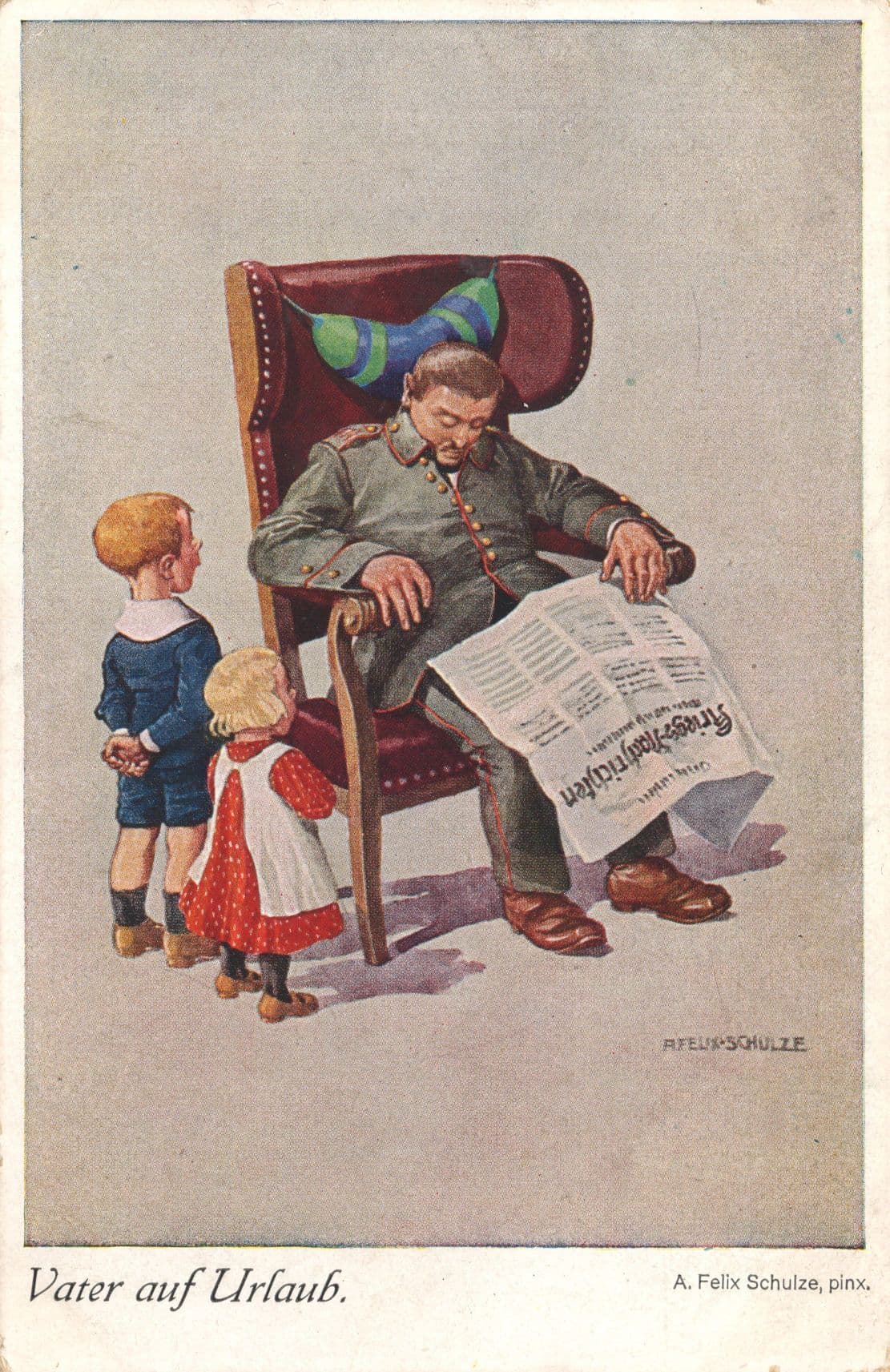 Vater Auf Urlaub German Newspaper Soldier Comic Old WW1 Postcard