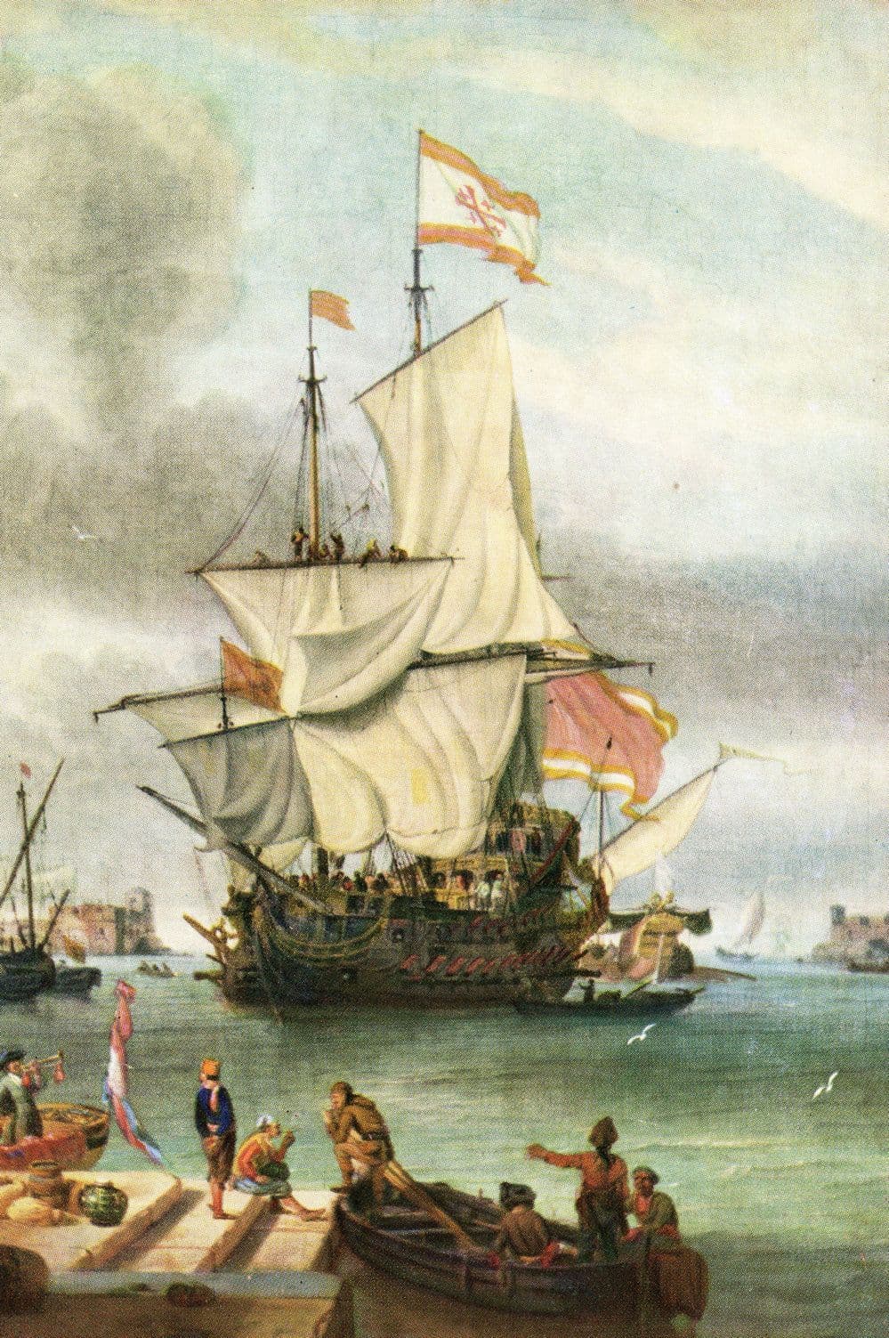 Venetian Ship at Meditteranean Port Jerusalem Flag Painting Postcard