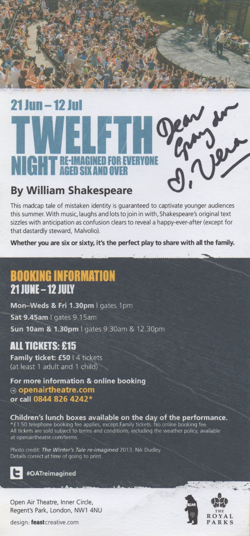 Vera Chok Malaysian Hollyoaks Actress Twelfth Night Hand Signed Flyer