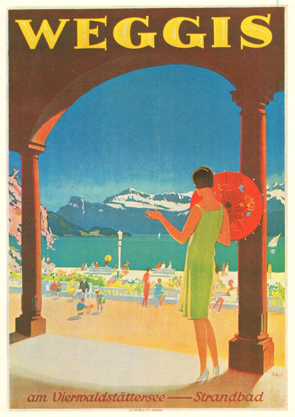 Verkehrsvegein Weggis Strandbad 1930 Switzerland Travel Poster Postcard