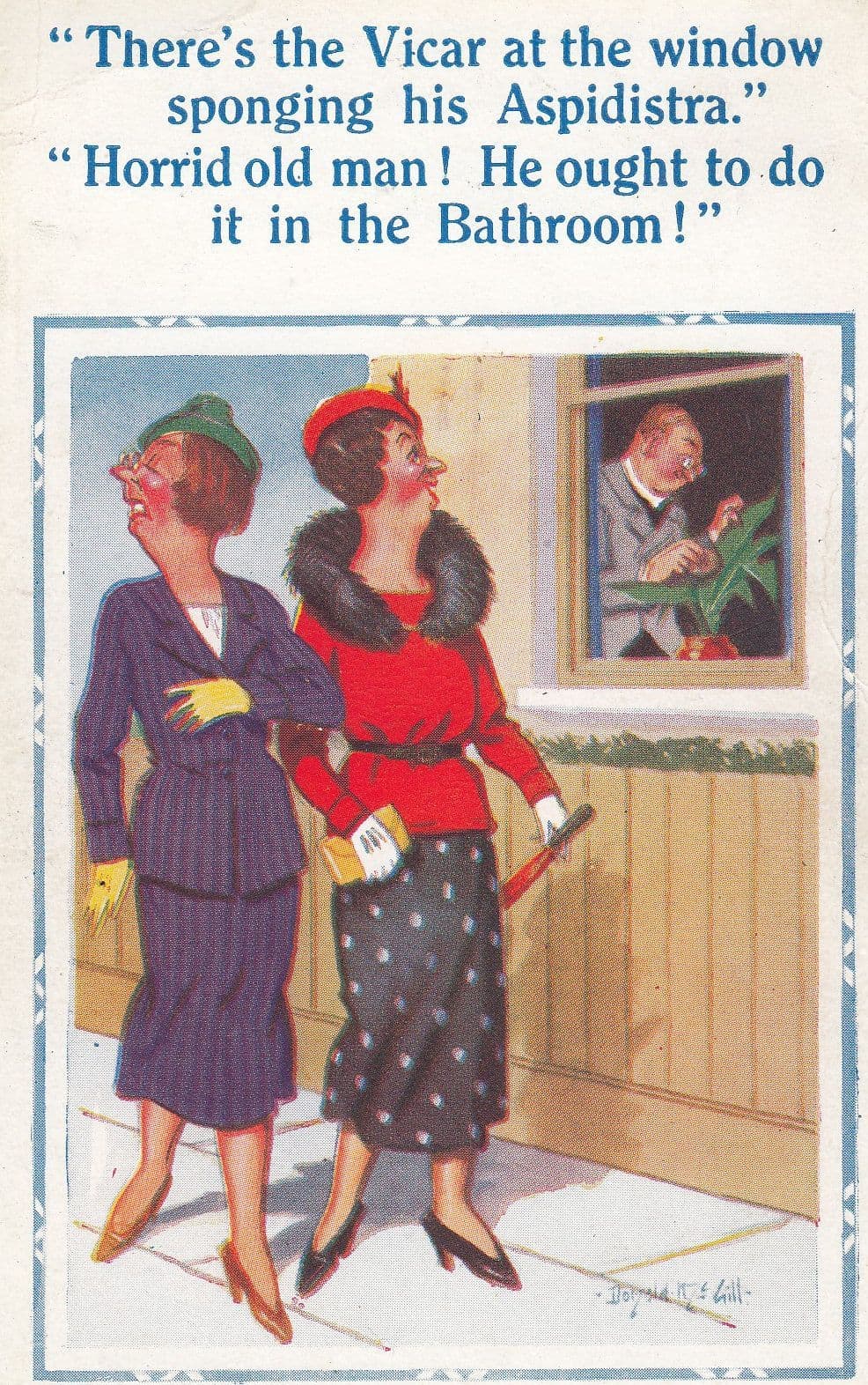 Vicar At Window Washing Aspidistra Plant Comic Postcard