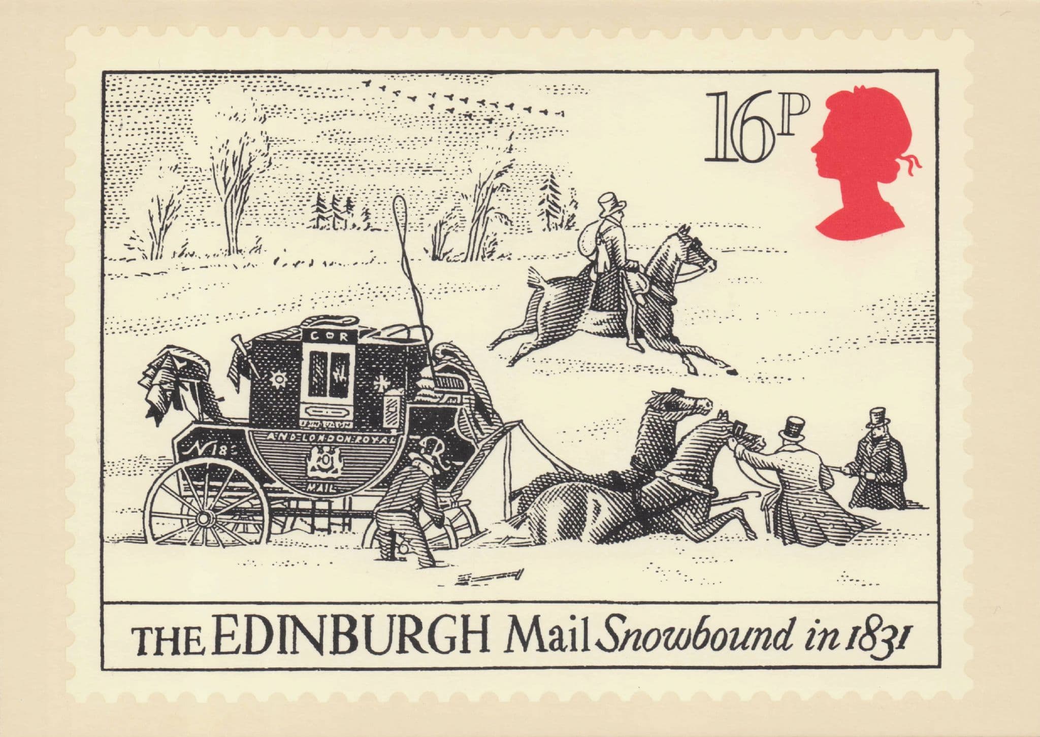 Victorian Edinburgh Scottish Mail Coach In Disaster Snow Painting Postcard