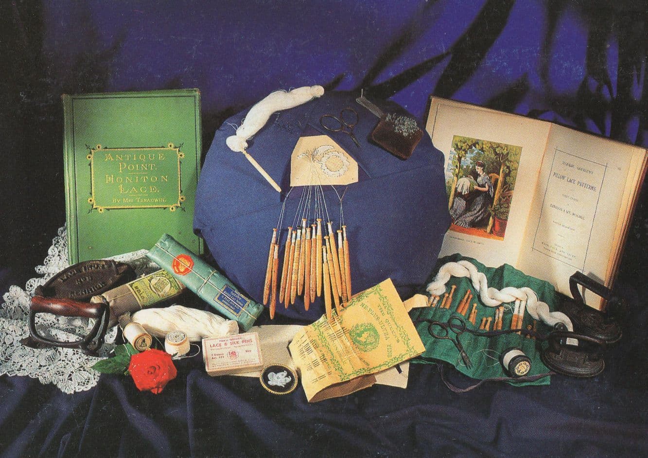 Victorian Honiton Lace Making Tools & Antique Book Postcard