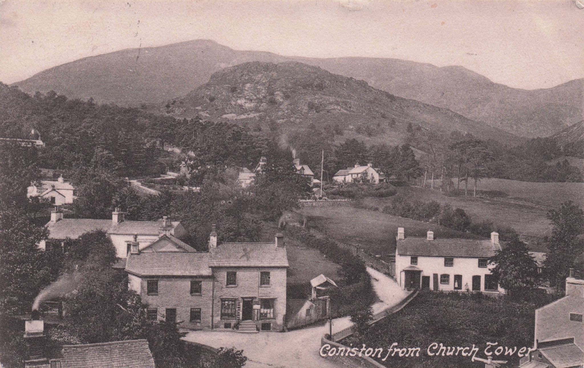 Village Church Tower Coniston Lancs Old Postcard & Post Office Message