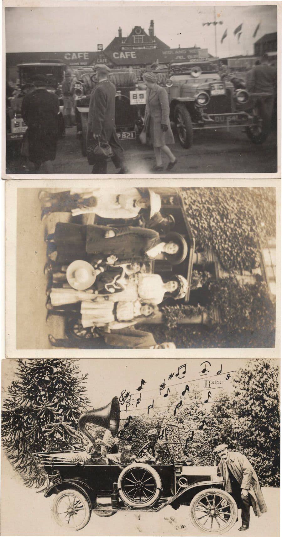 Vintage Classic Car HMV Gramophone Speaker 3x Old RPC Postcard