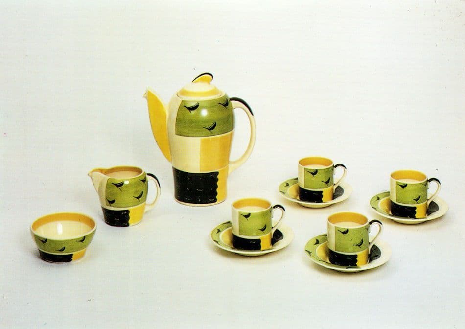 Vintage Coffee Pot Bowl Cups Saucers Kestrel Shape Pottery Earthenware Postcard