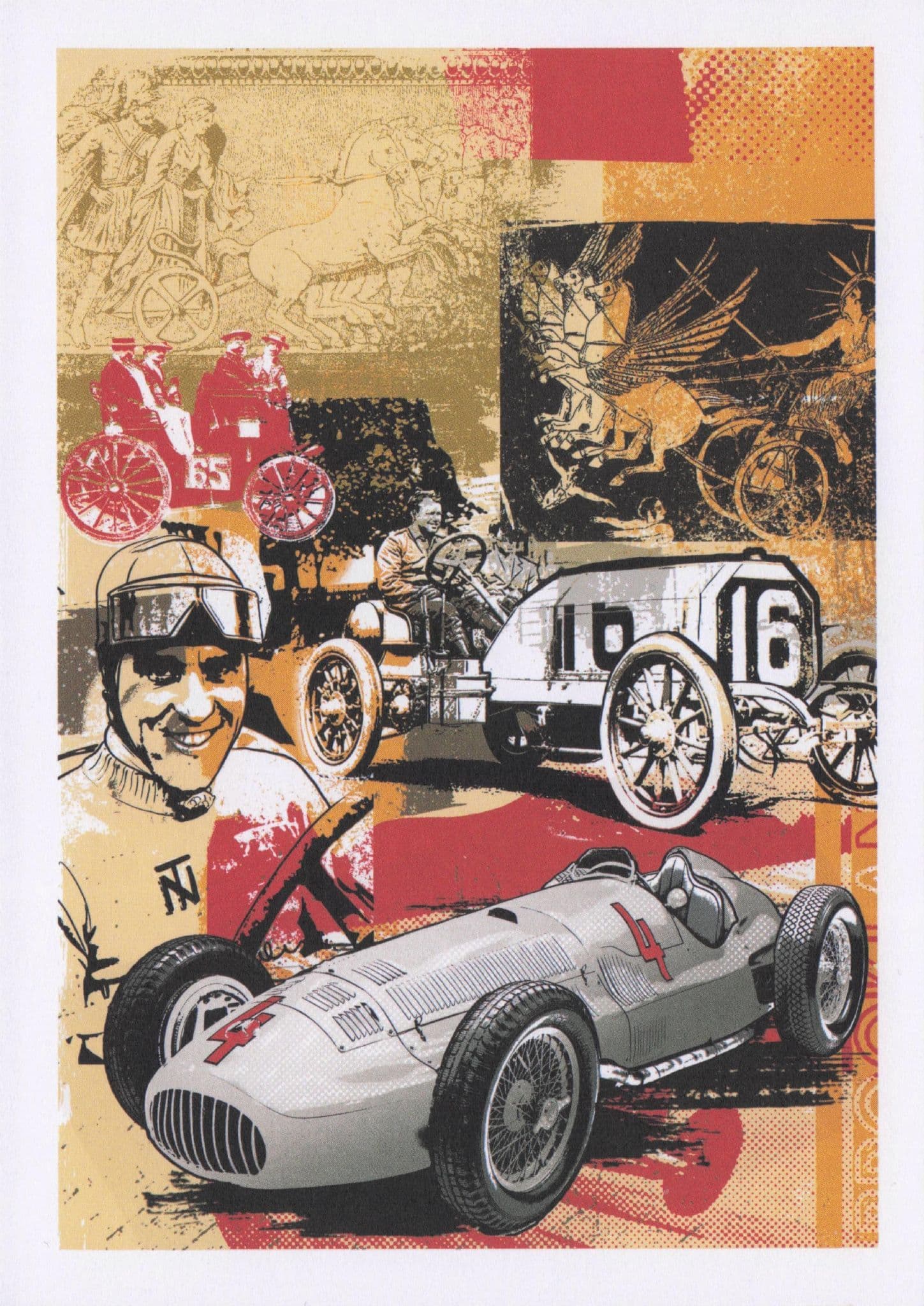 Vintage Formula 1 Race Cars Drivers Transport Art Collage Postcard