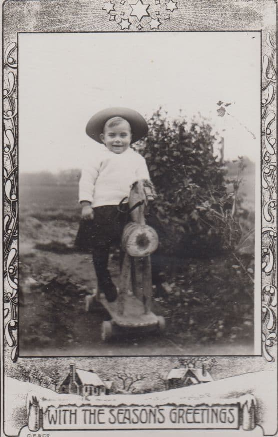 Vintage Toy Hobby Rocking Horse Boy Seasons Greetings Old Real Photo Postcard
