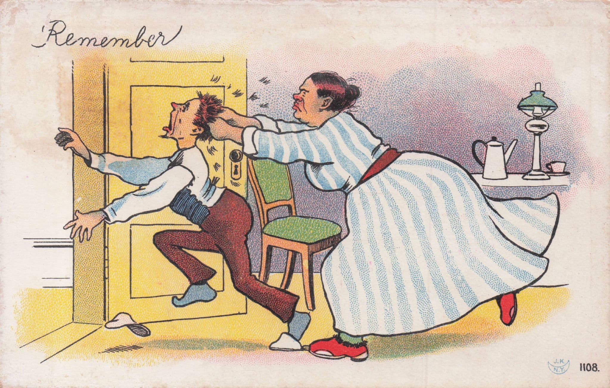 Violent Wife Chasing Henpecked Man Antique Comic Postcard