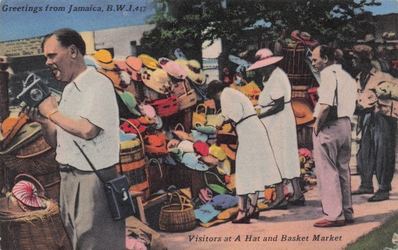 Visitors at Basket & Hat Market Greetings From Jamaica Rare Postcard