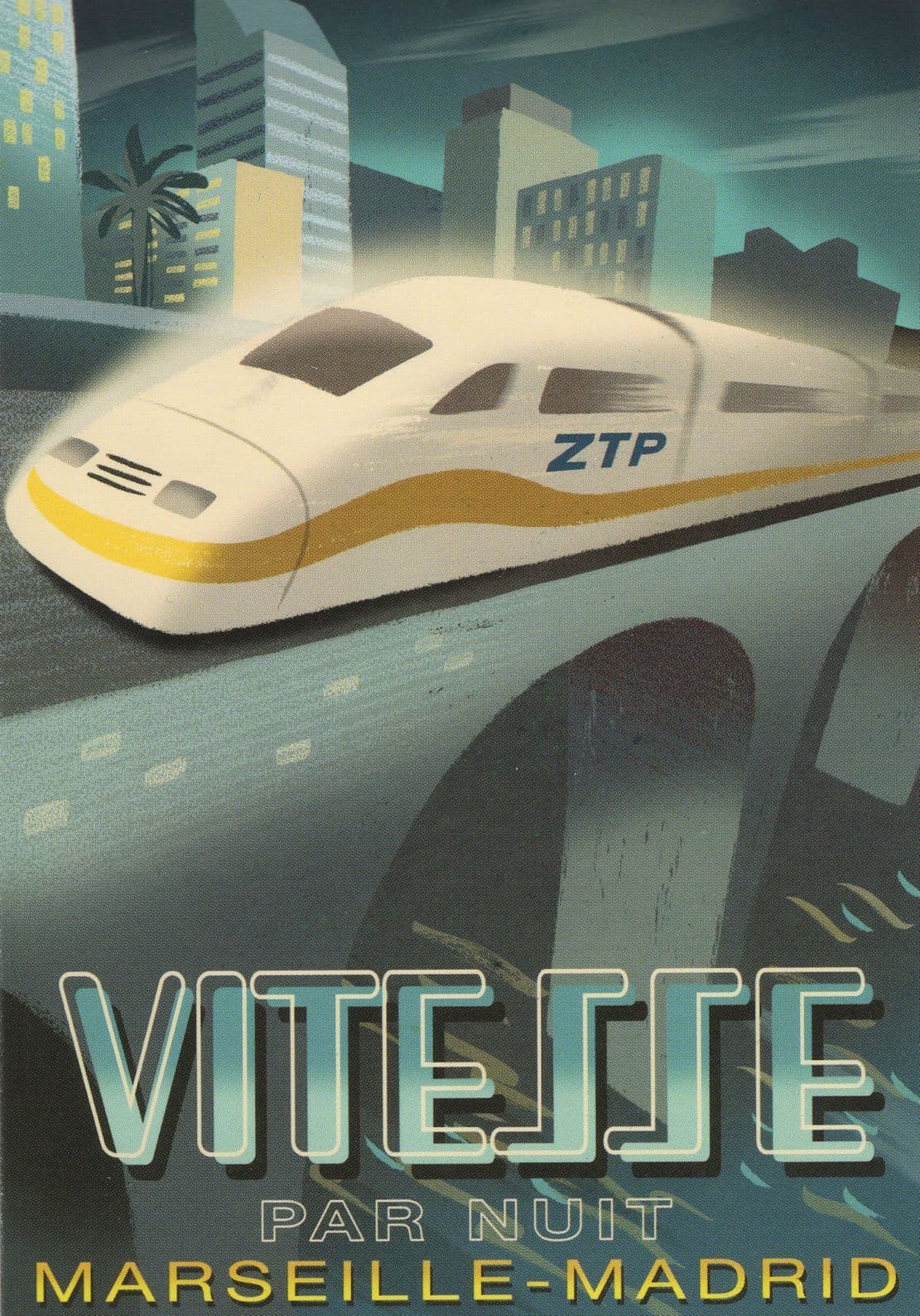 Vitesse Par Nuit Marseille Madrid Train Travel Painting Postcard