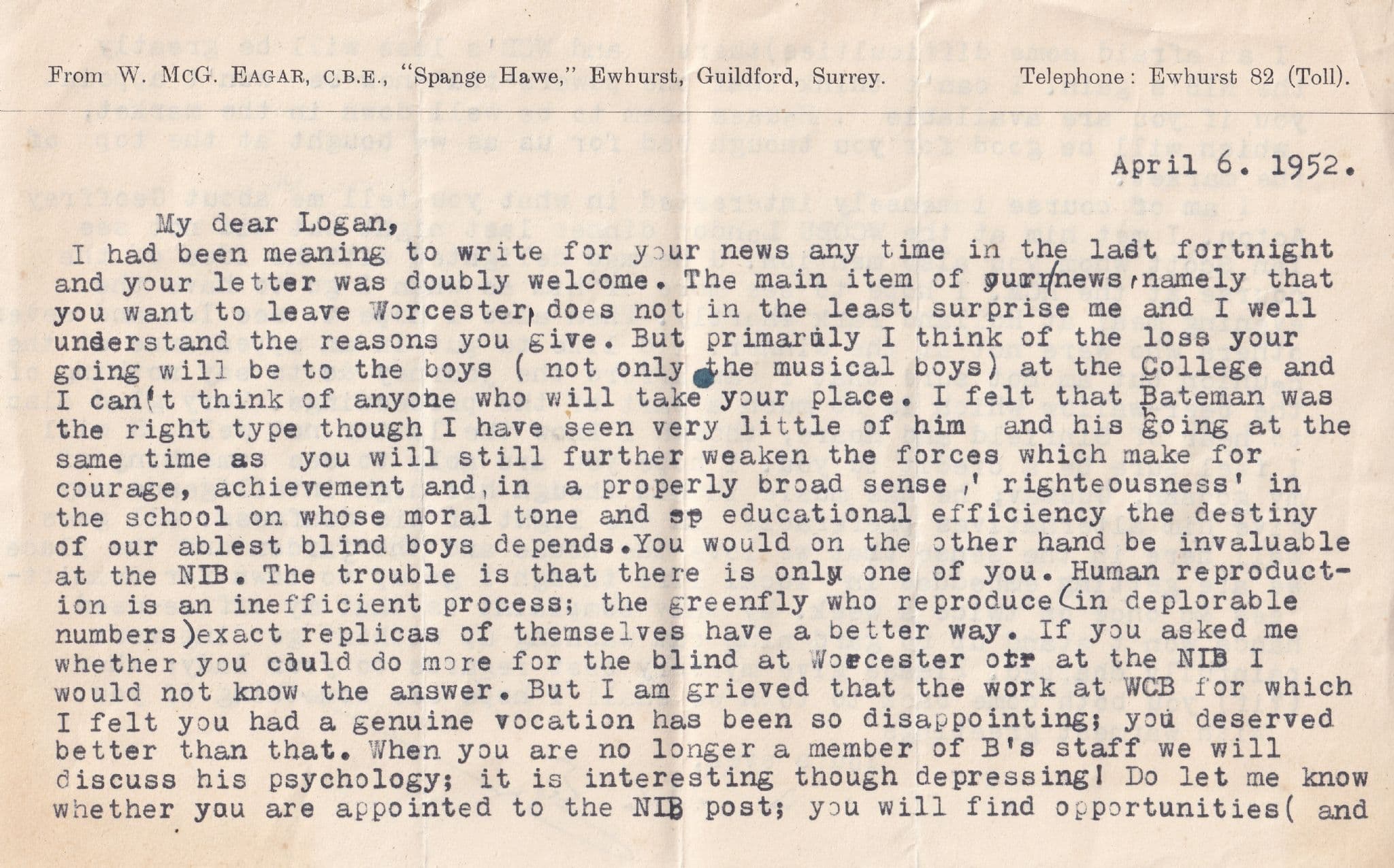W McG Eagar Vice President Society for the Blind Surrey Classical Composer Hand Signed Letter