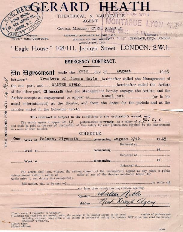 Walter Niblo Live Plymouth Hand Signed Performance Contract