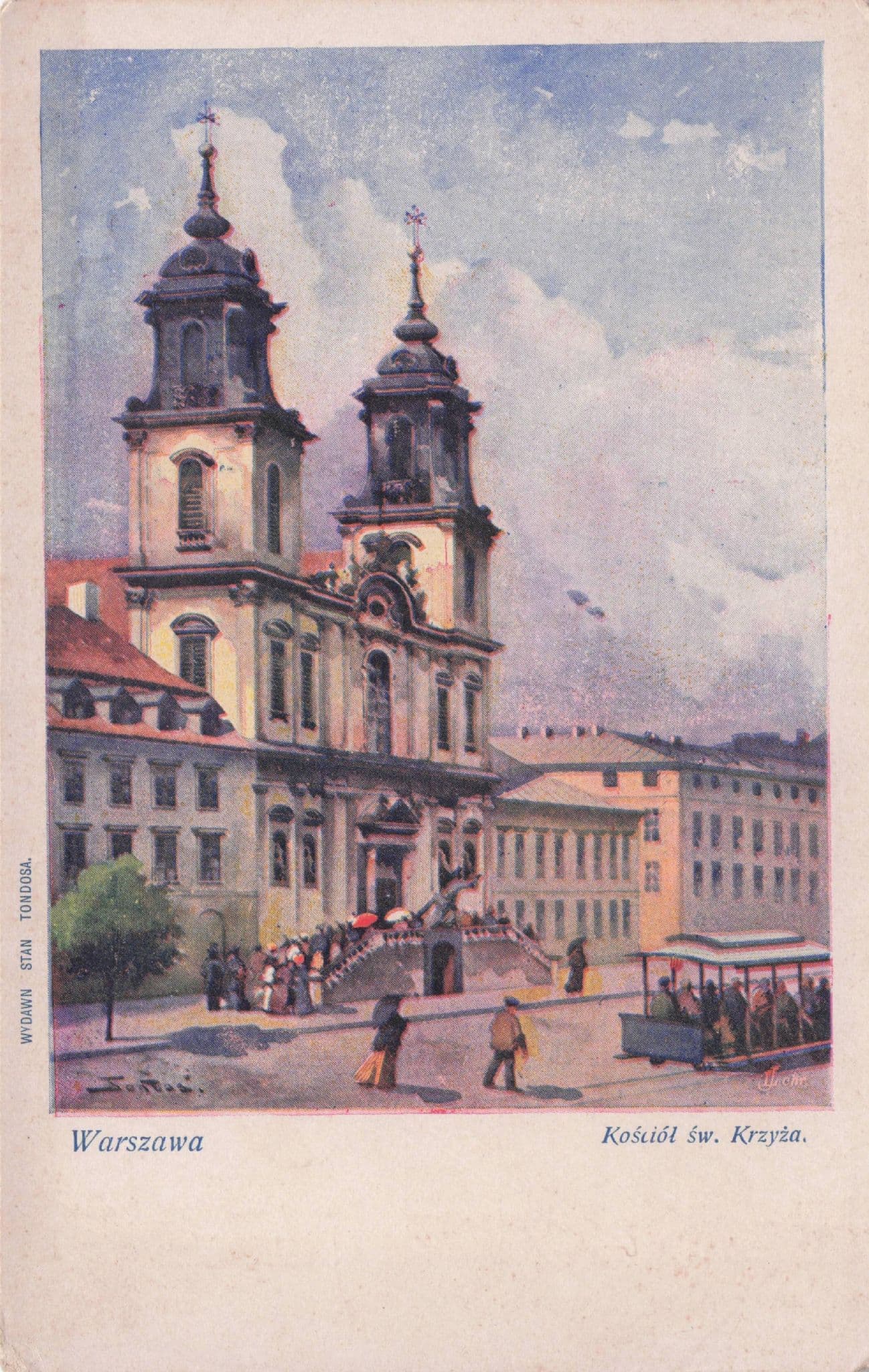 Warsaw Church Trams Street Scene Russian Old Painting Postcard