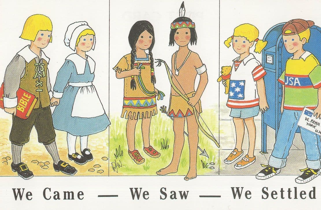 We Came We Saw We Settled Red Indian Comic Postcard