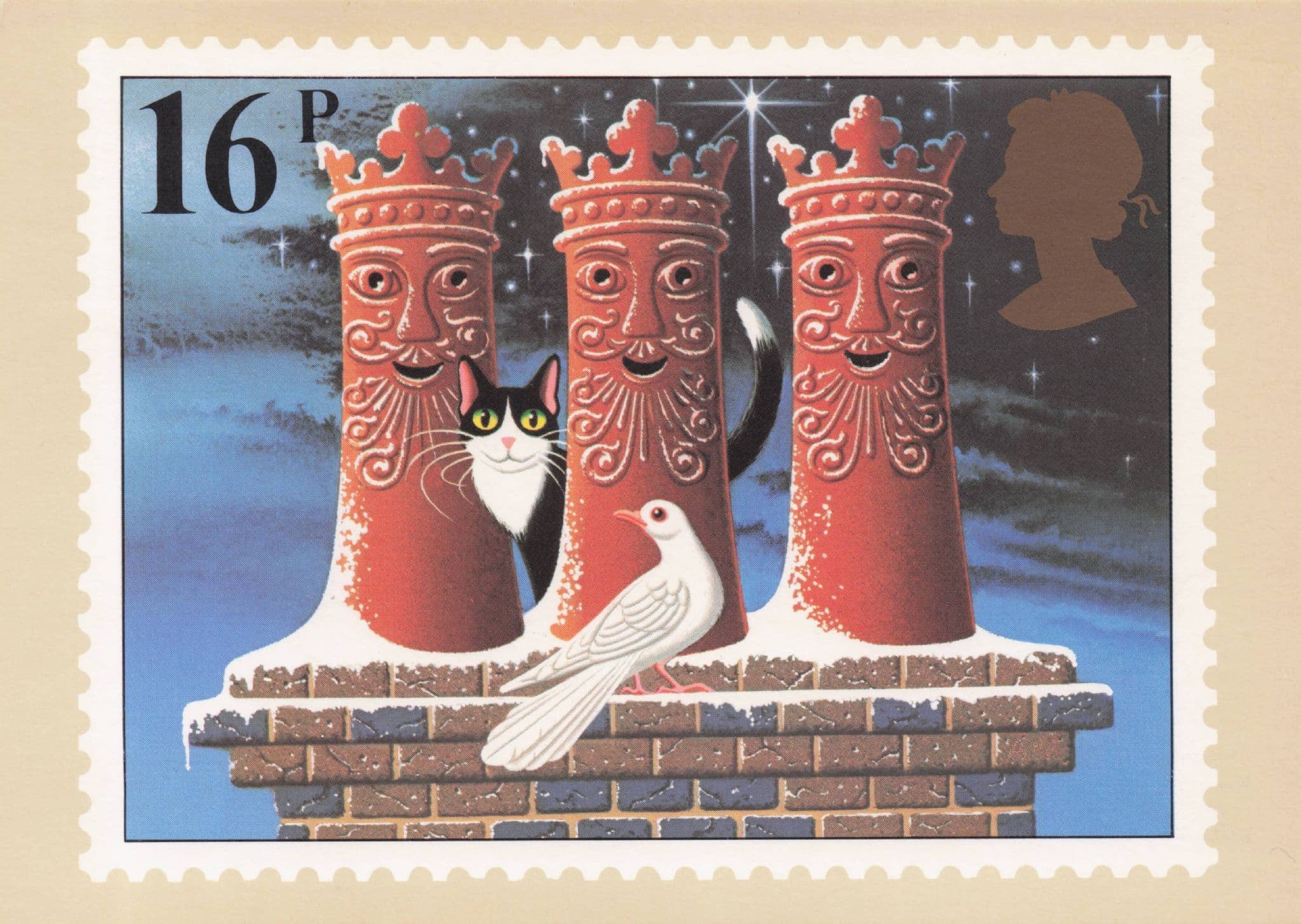 We Three Kings Chimneys Cat Playing With Pigeon Christmas Painting Postcard