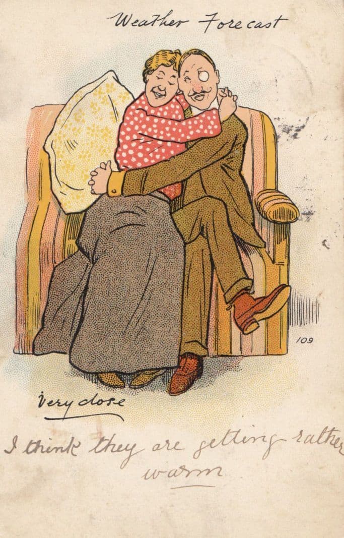 Weather Forecast Cuddling In Storm Getting Warm Old Comic Humour Postcard