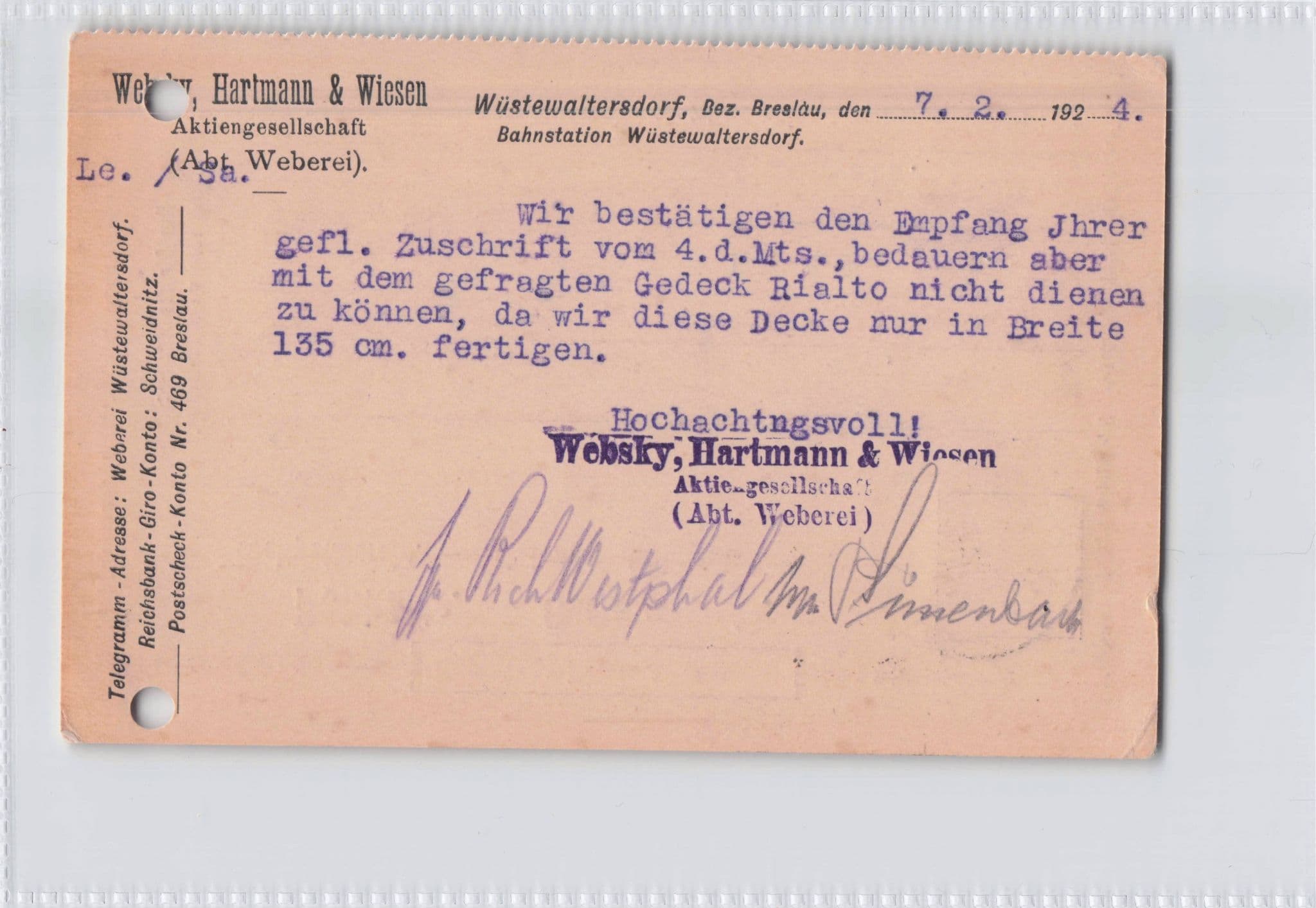Websky Hartmann & Wiesen German Textile Factory Old Postcard