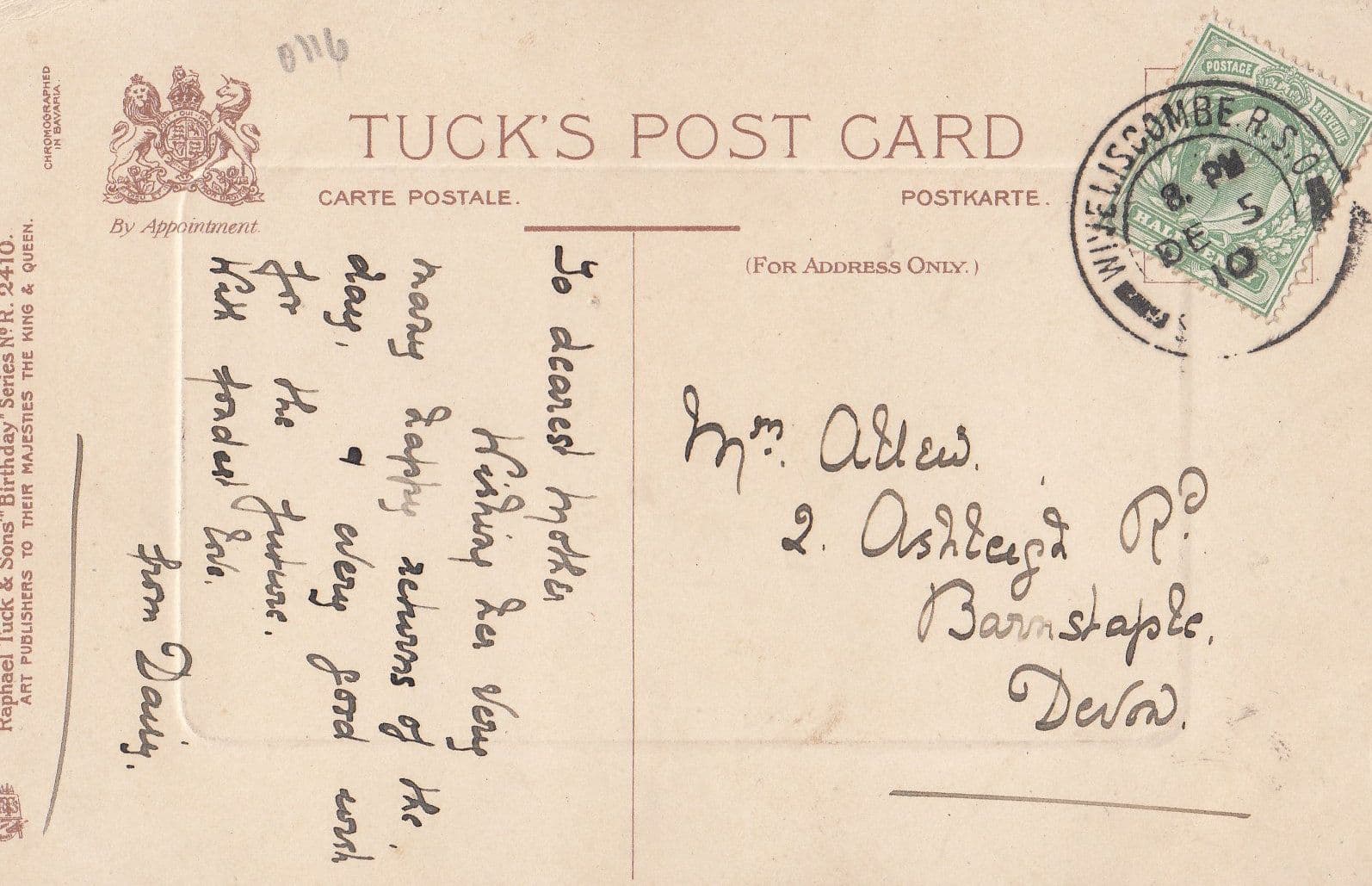 Welscombe Railway Station 1910 Postmark Birthday Greetings Postcard