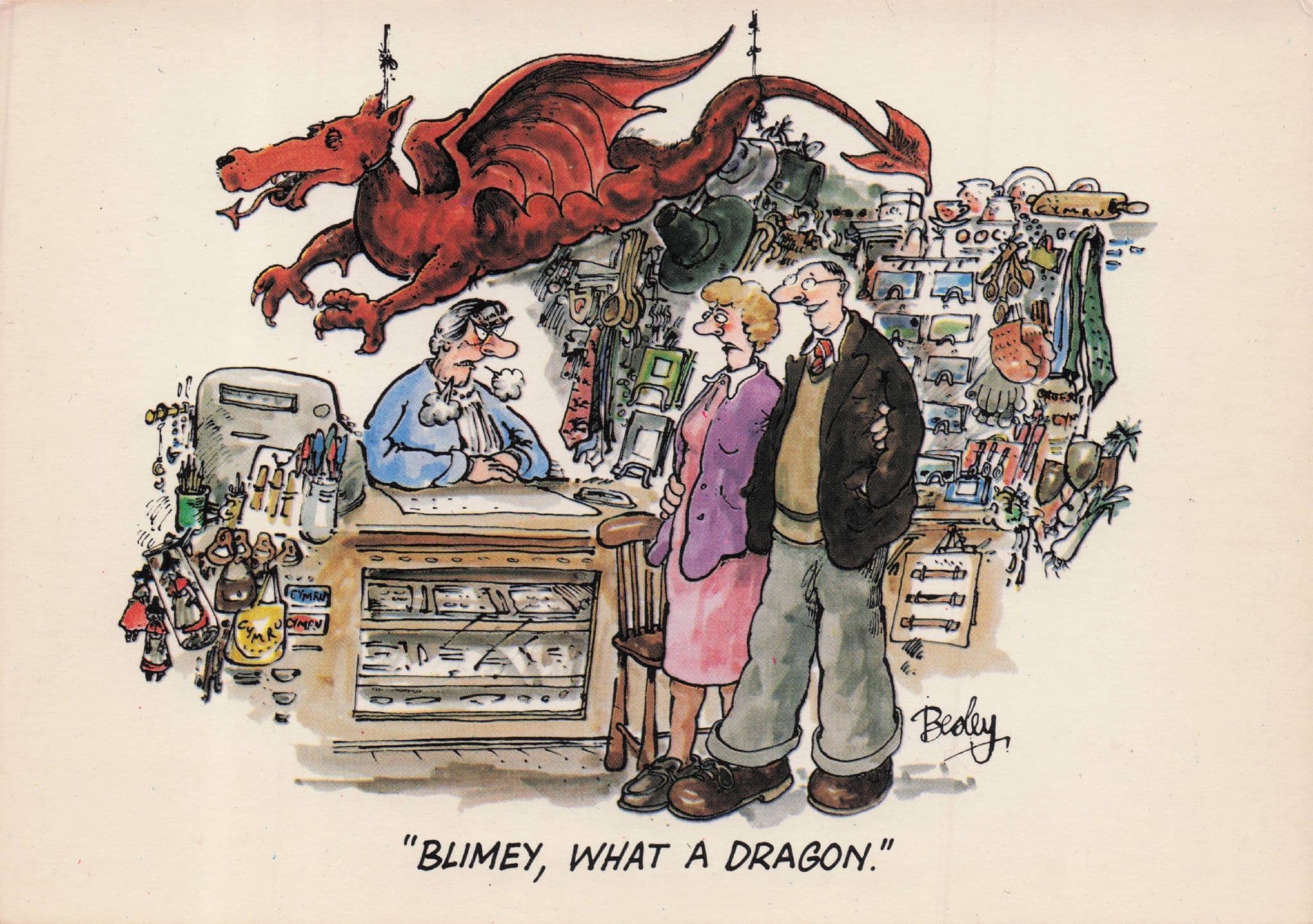 Welsh Crazy Red Dragon Shop Assistant Disaster Wales Comic Postcard