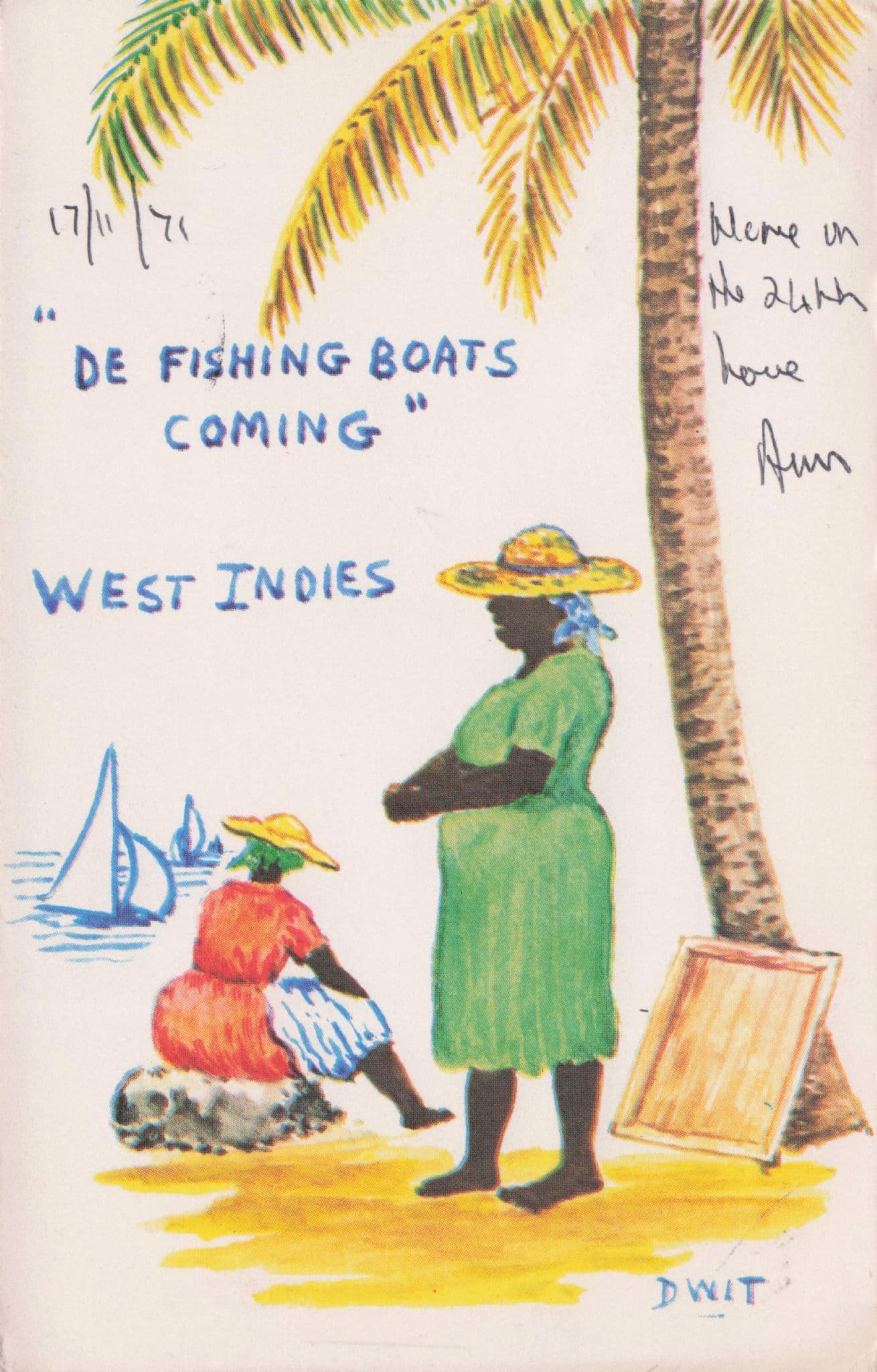 West Indies Fishing Boats Politically Incorrect Comic 1970s Postcard