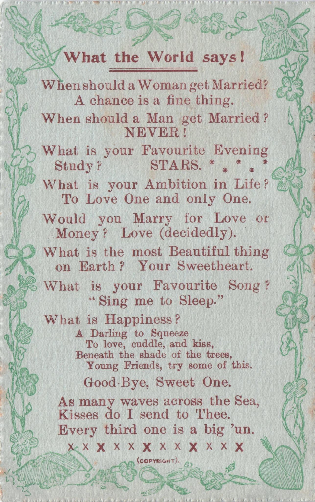 What The World Says Reasons For Marriage Love Money Old Poem Postcard