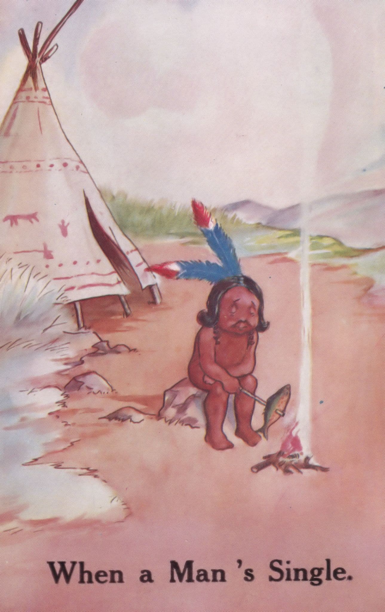 When A Mans Single Red Indian Tent Comic Old Postcard