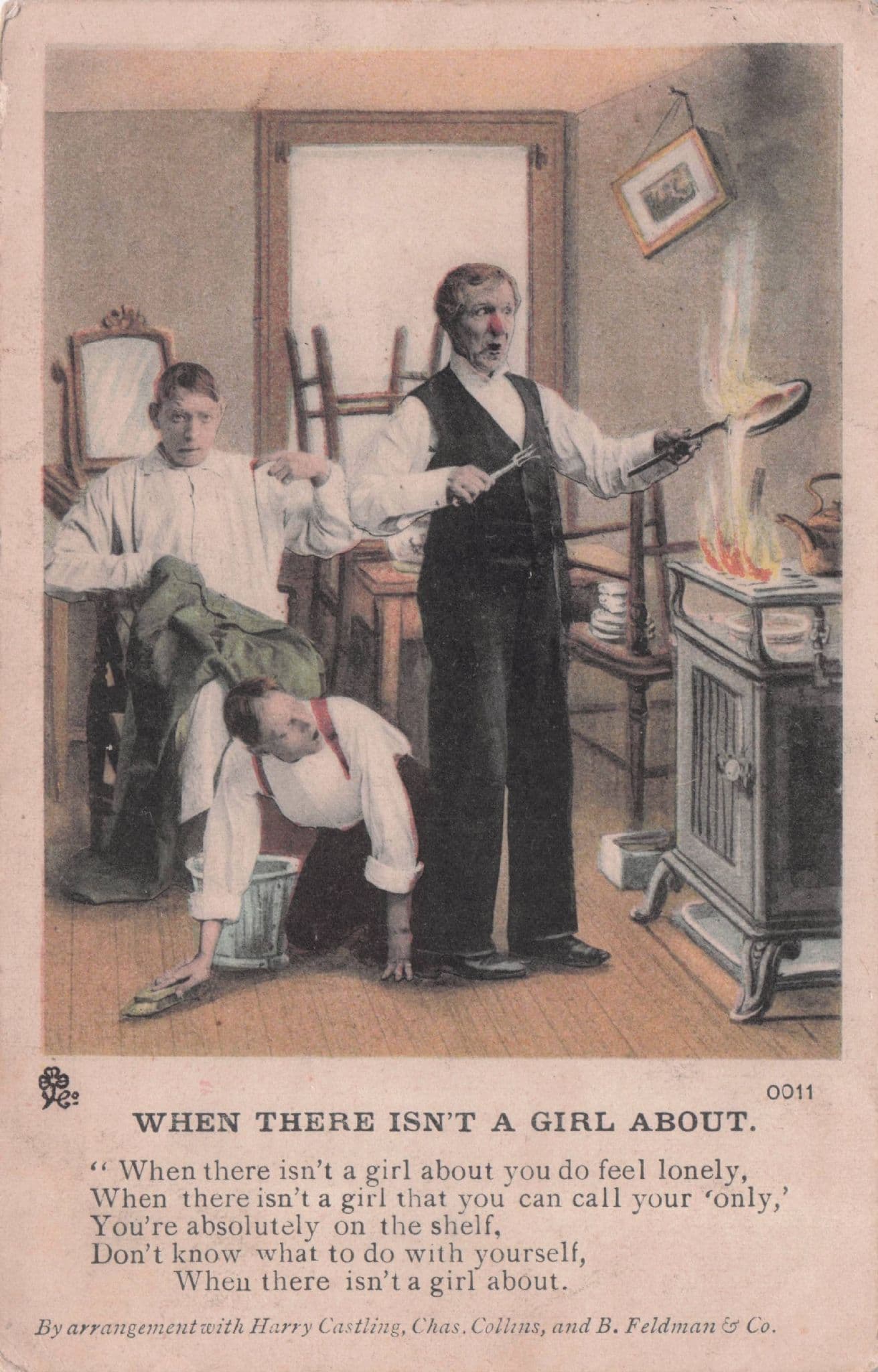 When There Isn't A Girl About Bachelor Frying Pan Breakfast Old Postcard