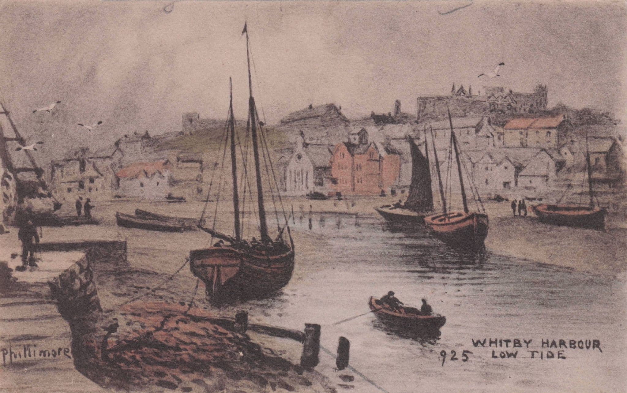 Whitby Harbour Boats Antique Rare Phillimore Painting Postcard
