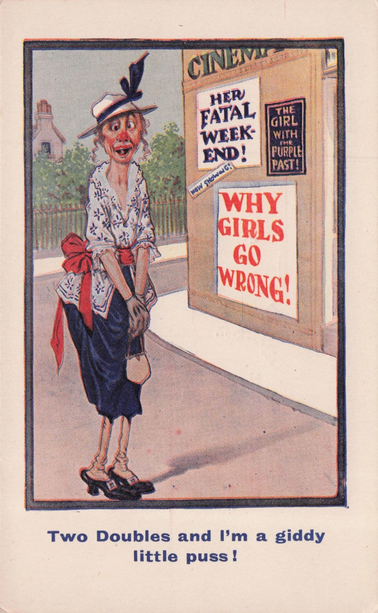 Why Girls Go Wrong Film Drunk Lady at Cinema 1940s Comic Postcard
