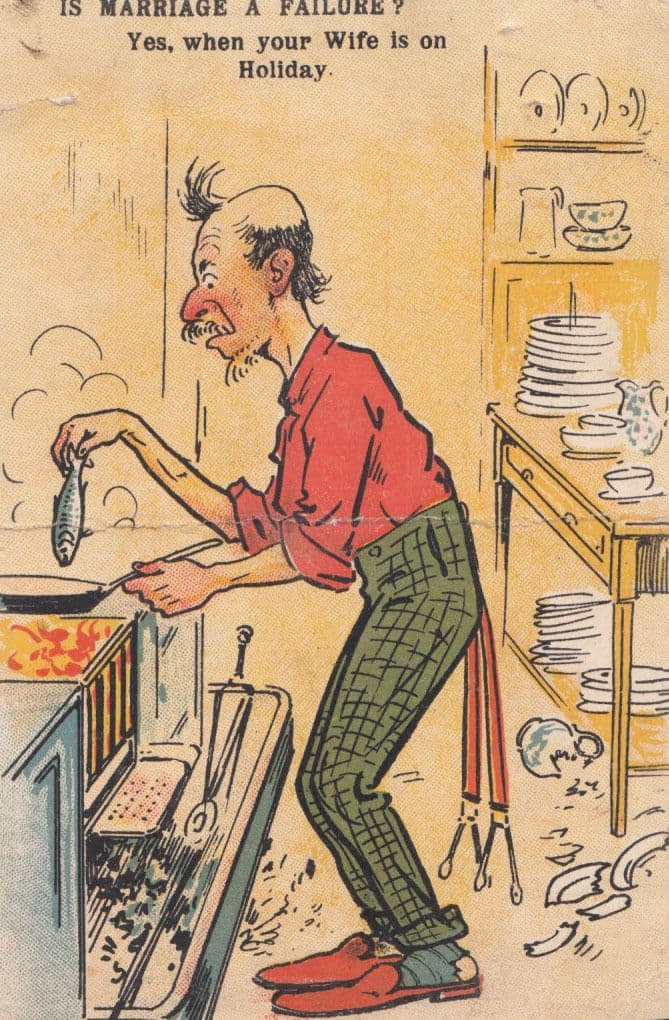 Wife On Holiday Frying Fish on Pan Marriage Disaster Kitchen Old Comic Postcard