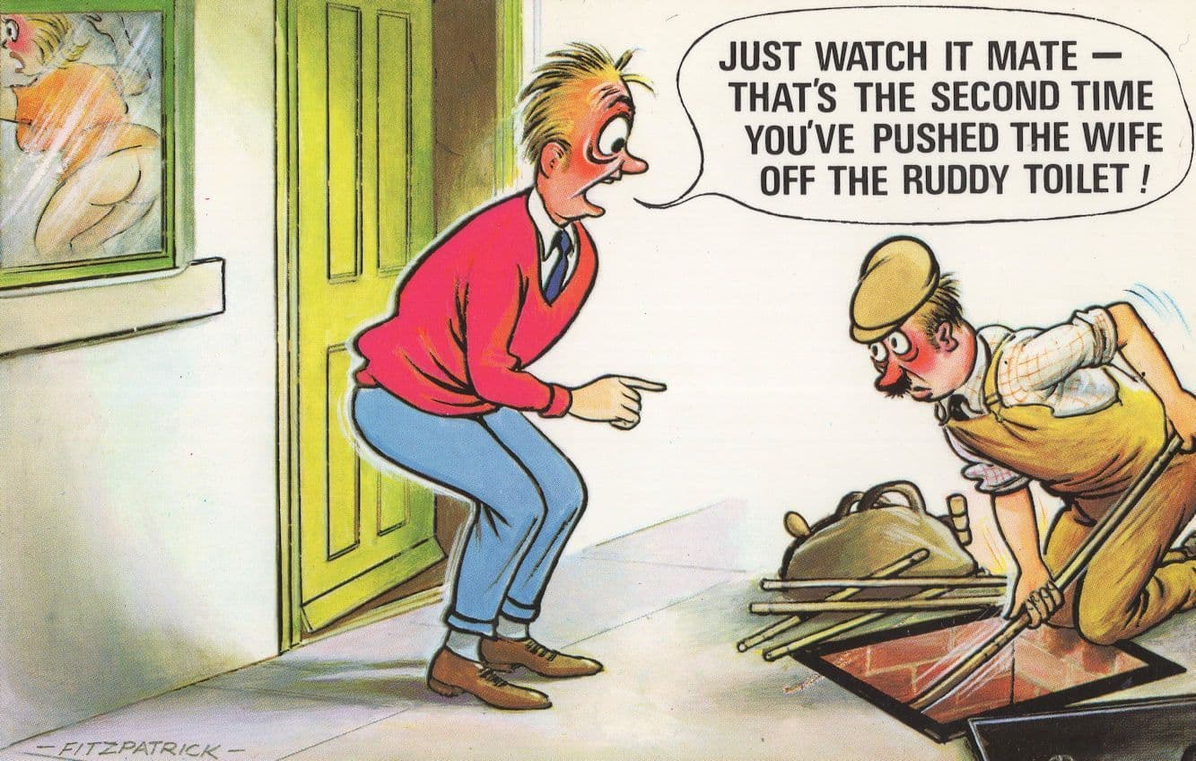 Wife Trapped In Toilet Crazy Plumber 1970s Comic Postcard