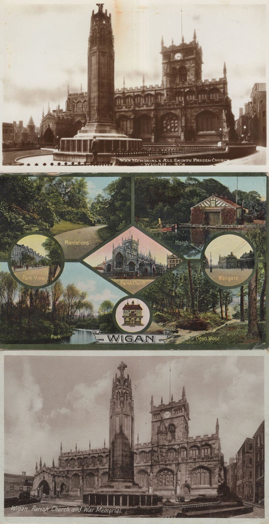 Wigan Military War Memorial & Parish Church 3x Postcard s