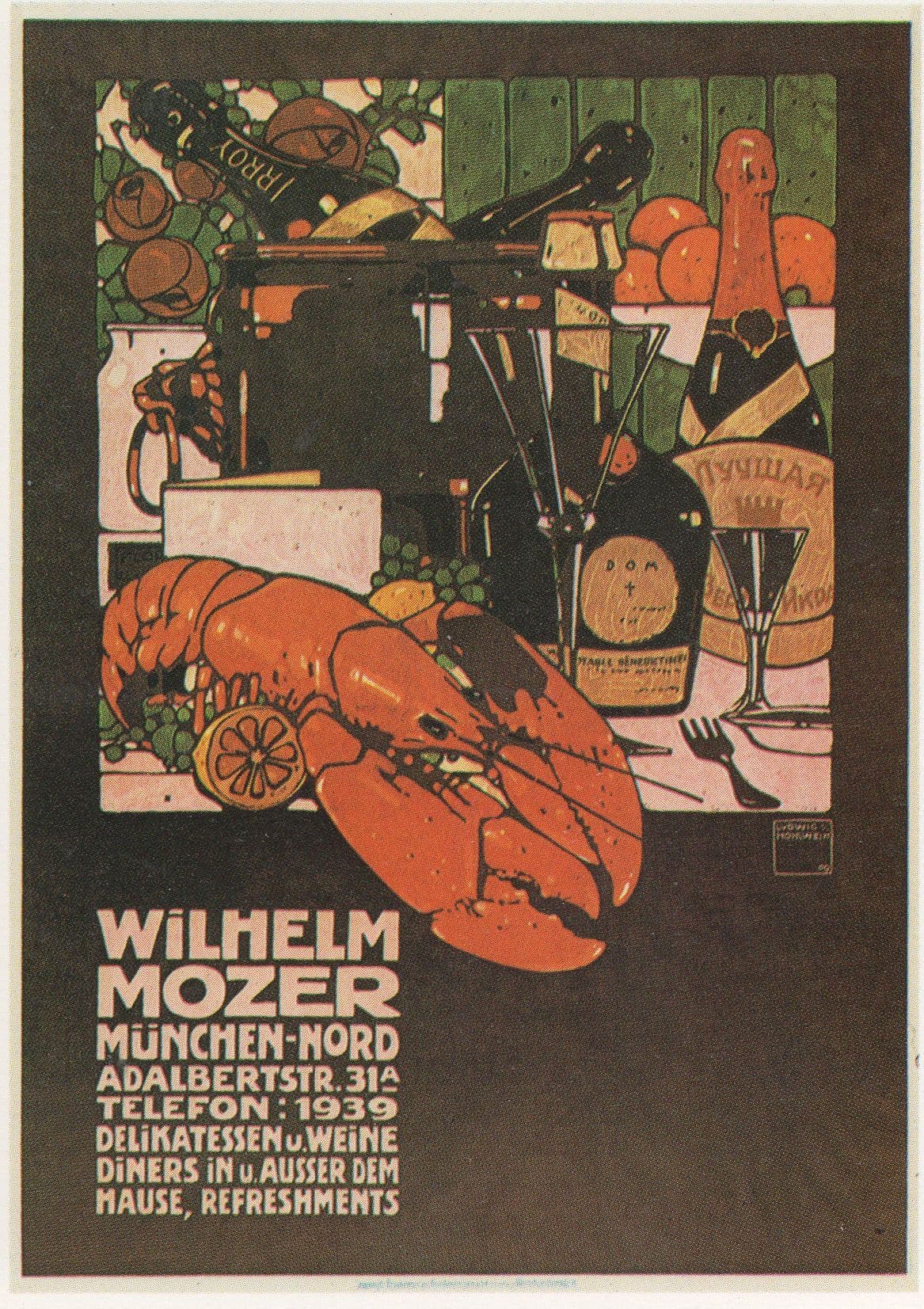 Wilhelm Mozer Munchen Wine Lobster German Advertising Postcard