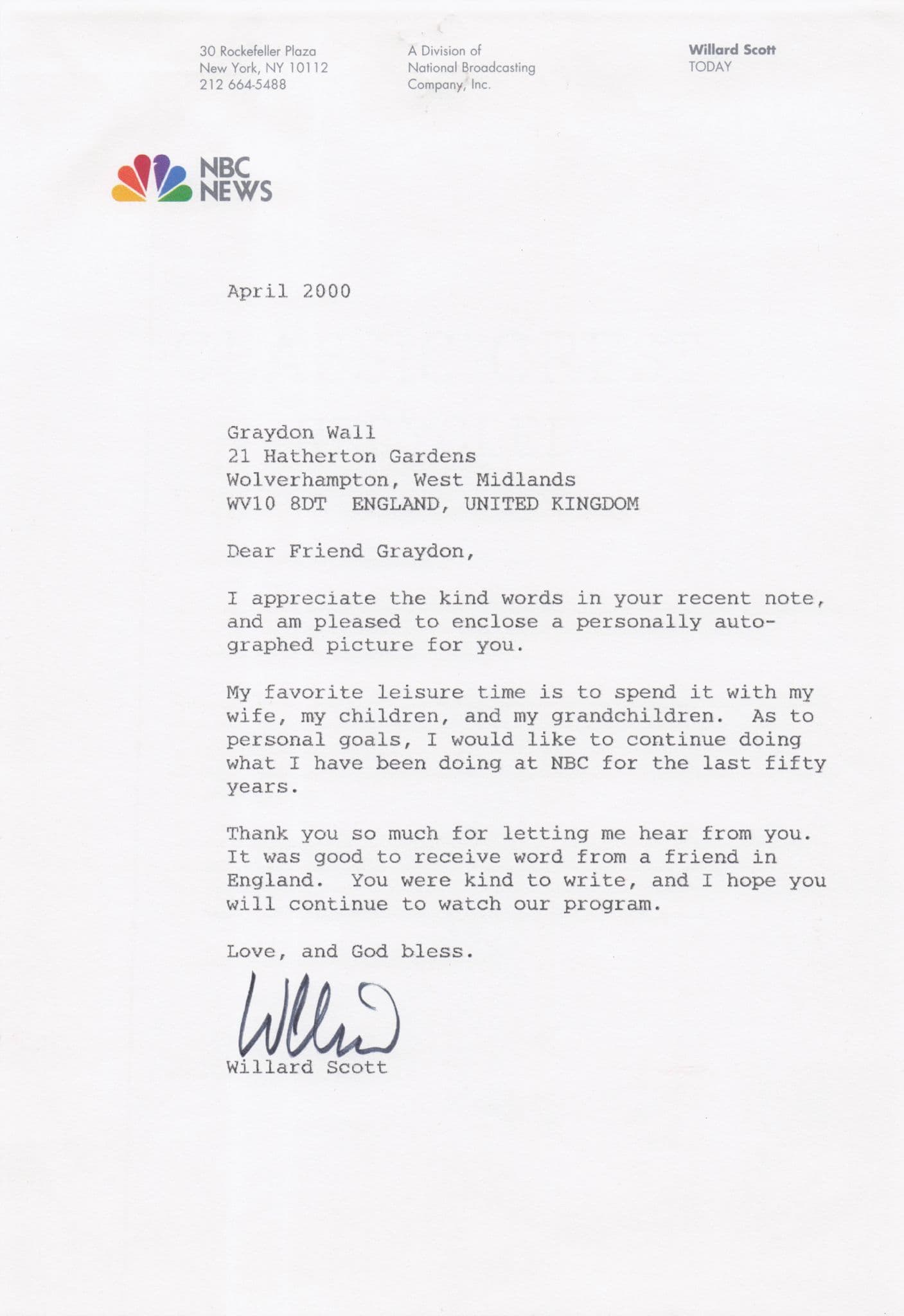 Willard Scott Weatherman Hand Signed NBC Today News Letter