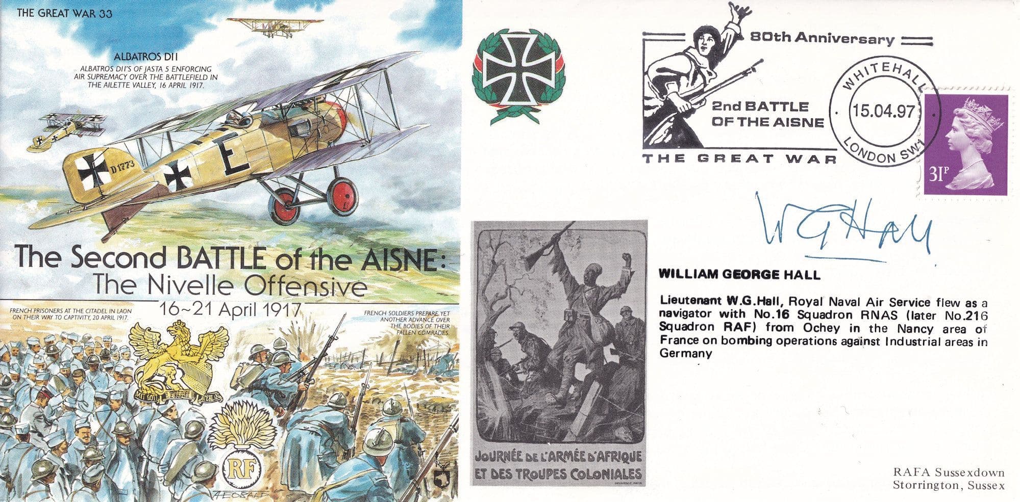 William George Hall Aisne Battle RNAS Bomber WW1 Hand Signed FDC
