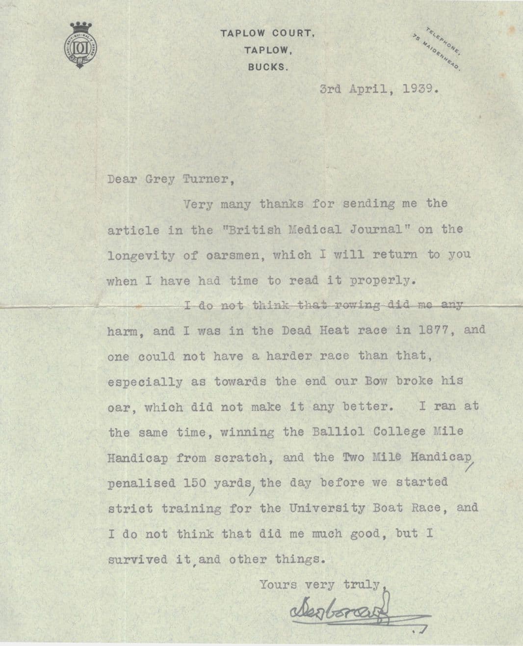 William Grenfell Lord Desborough WW2 Hand Signed Boat Race Oarsman Letter