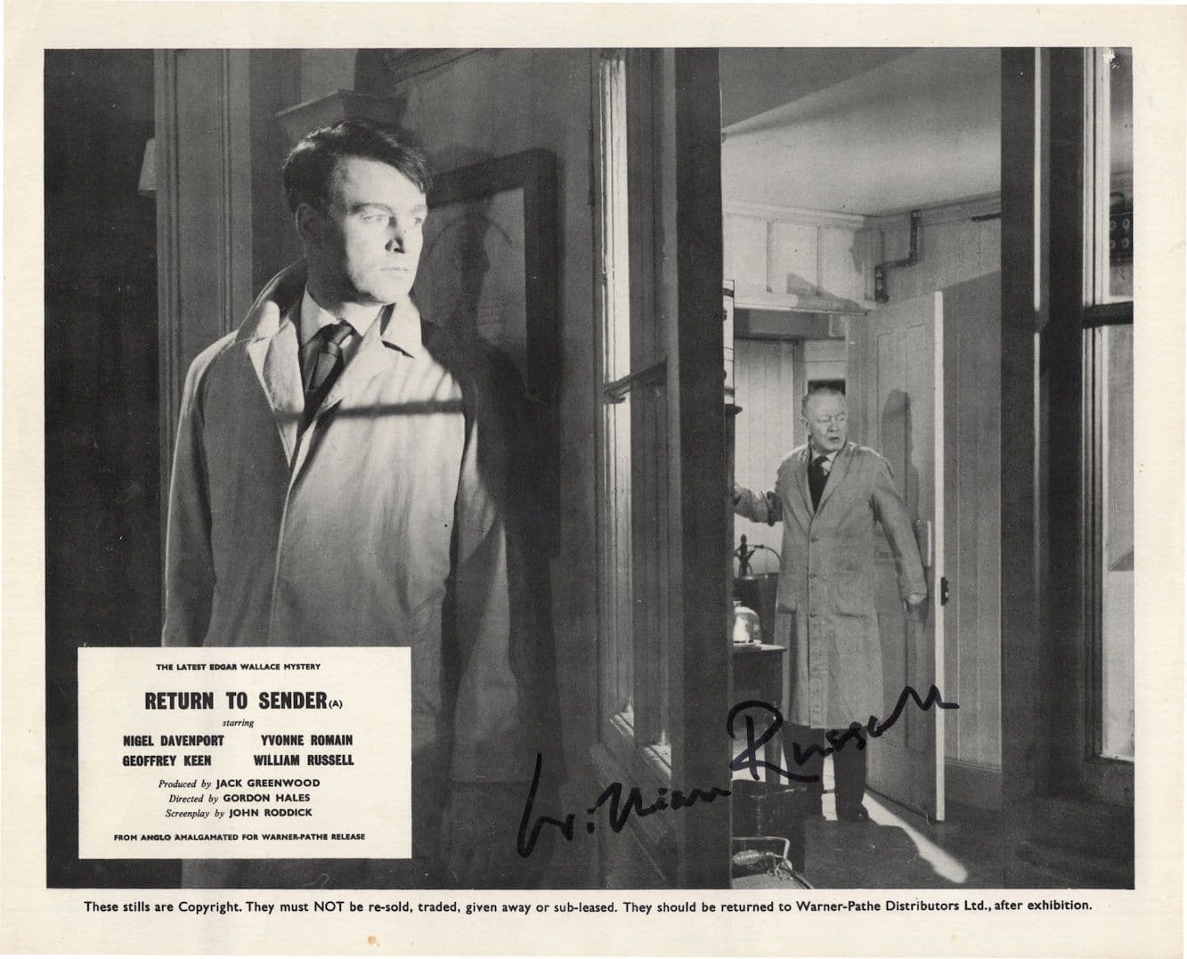 William Russell Of Edgar Wallace Return To Sender 10x8 Hand Signed Photo