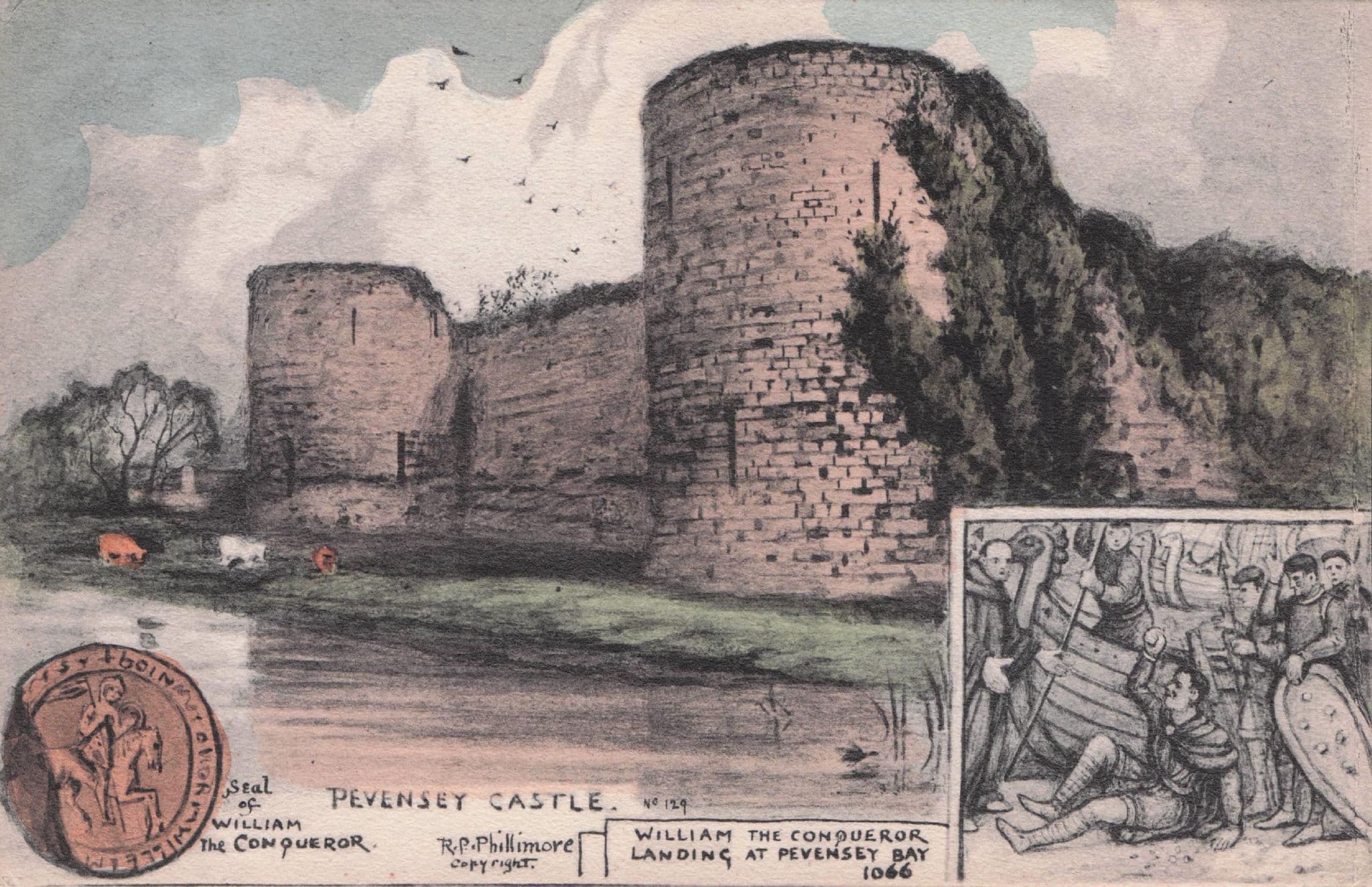 William The Conqueror Pevensey Castle Seal Old Rare Phillimore Postcard