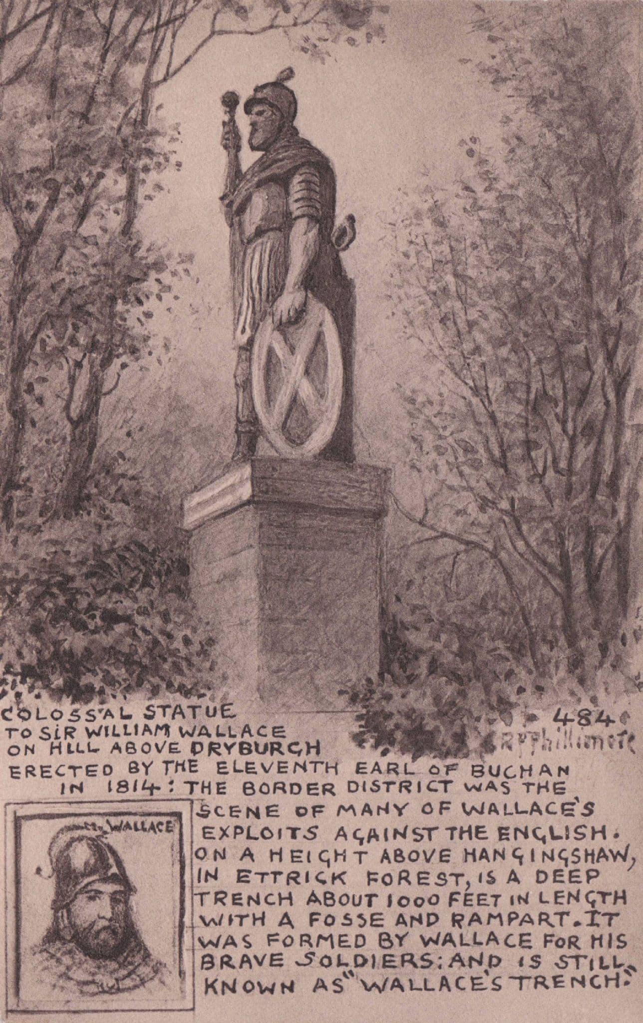William Wallace Colossal Statue Dryburgh Scottish Phillimore Old Postcard