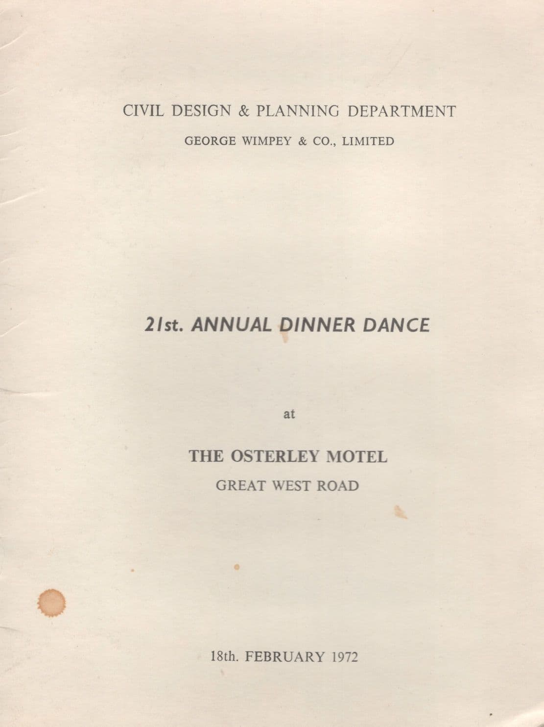 Wimpey Construction Dr Who Private 1972 Dinner Menu Osterley Motel