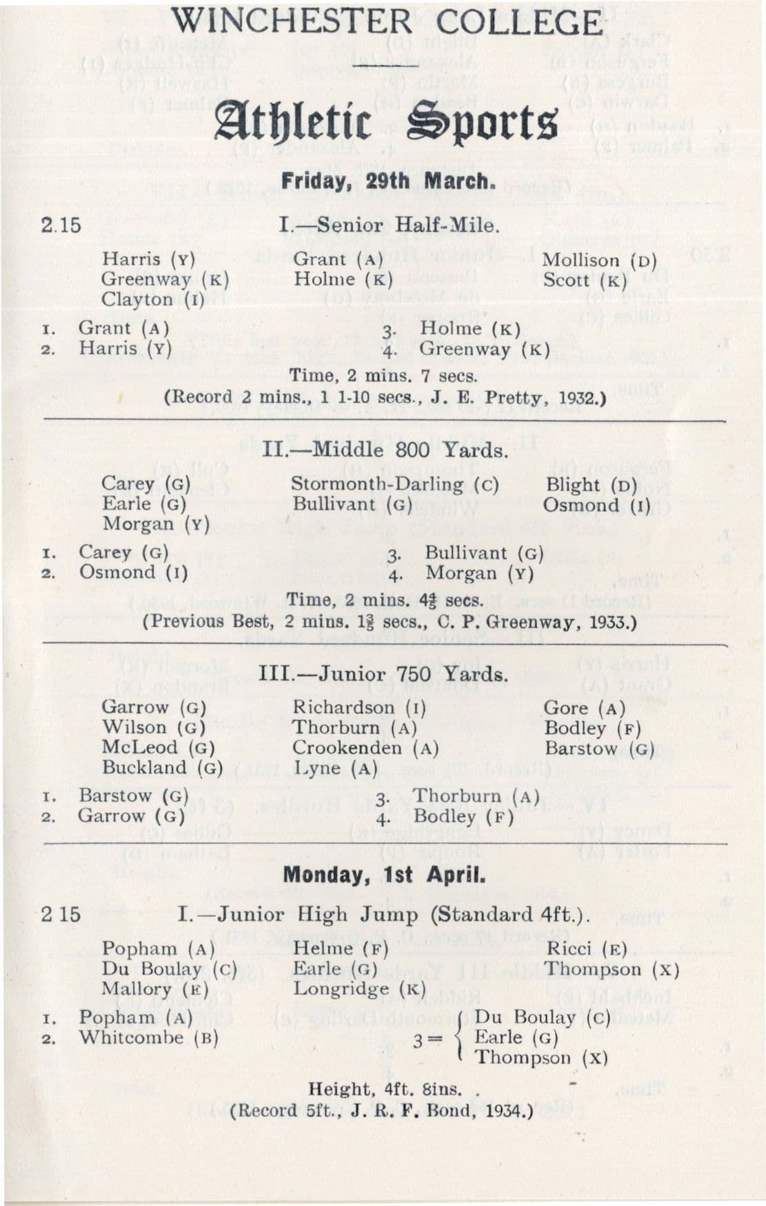 Winchester College 1935 Sports Day Servants & Quiristers Race Programme
