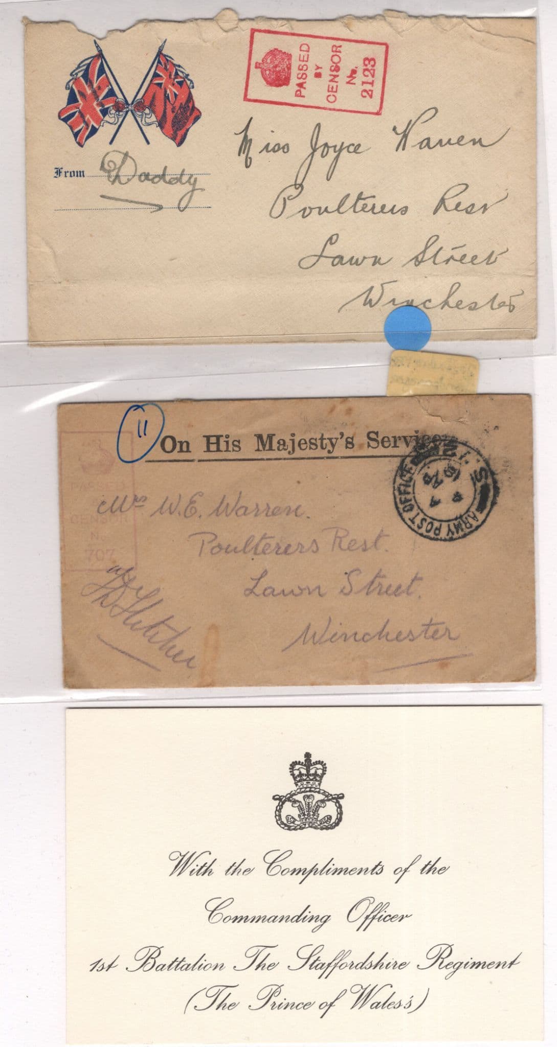 Winchester Passed By Censor Staffs 2x 1918 WW1 Cover & MORE