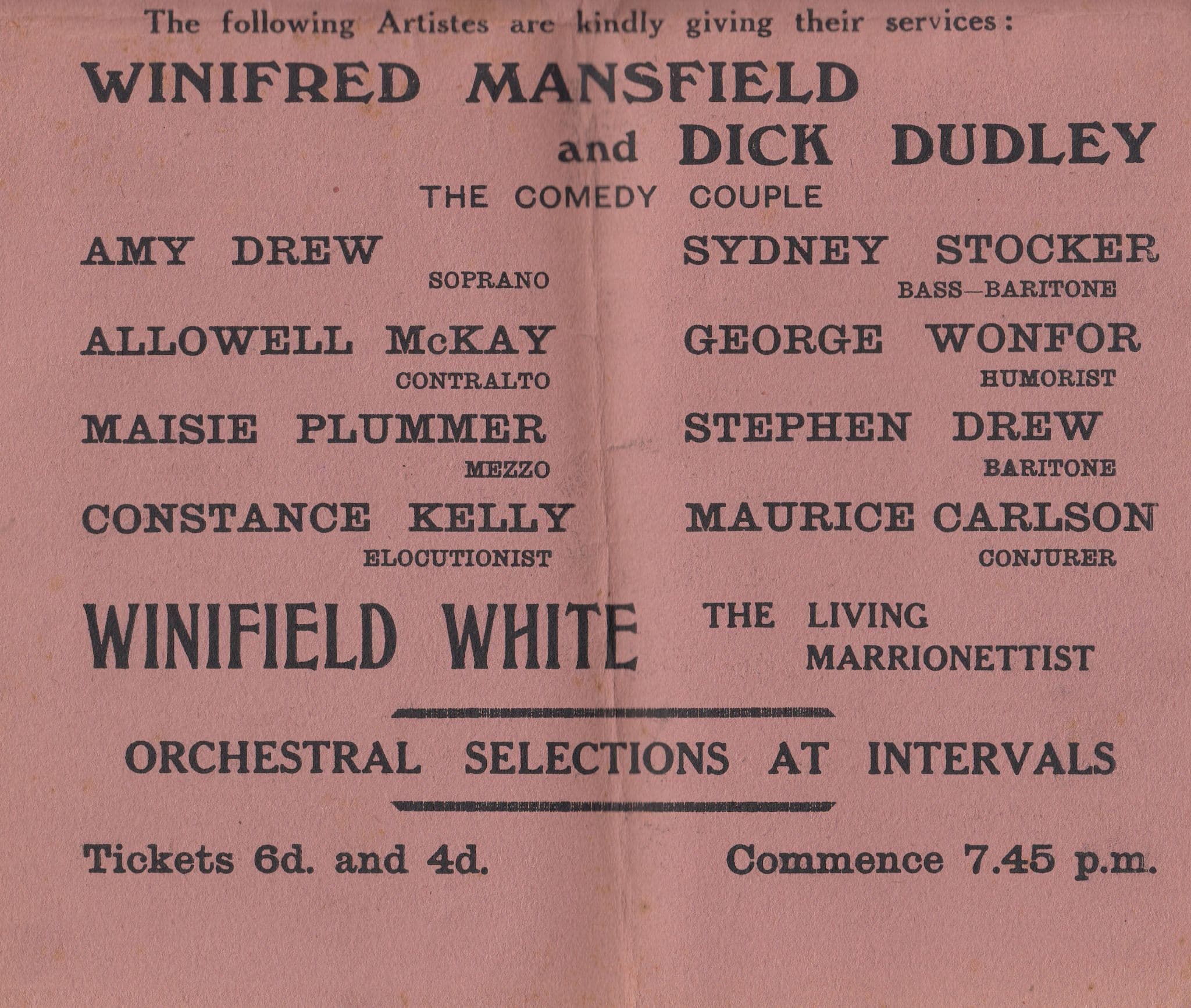 Winifred Mansfield Comedy Ventriloquist WW1 1900s Hornsey Theatre Programme Show Poster