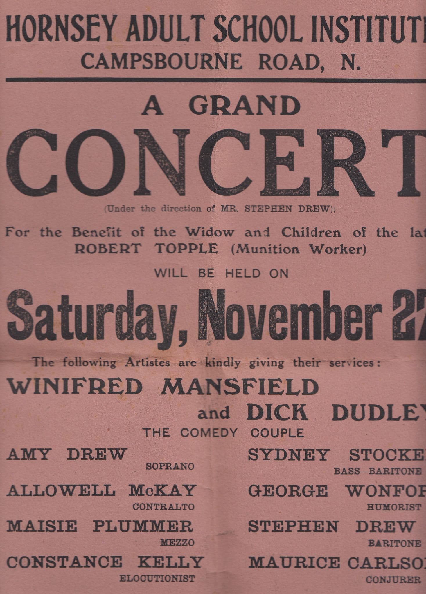 Winifred Mansfield Comedy Ventriloquist WW1 1900s Hornsey Theatre Programme Show Poster