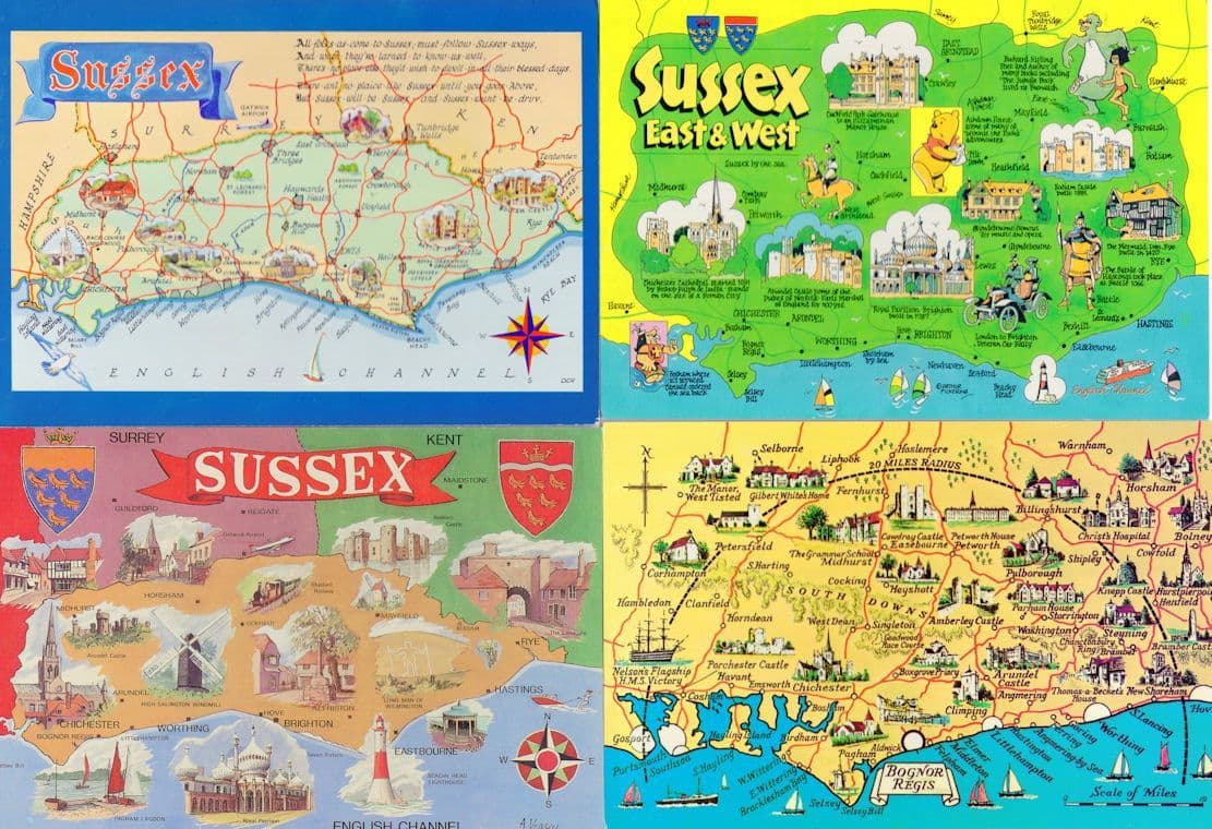 Winnie The Pooh Jungle Book Veteran Car Rally 4x Sussex Map Postcard s