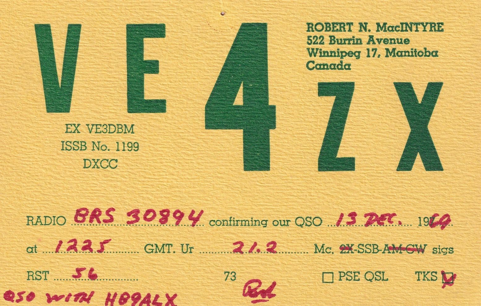 Winnipeg Canada 1960s QSL Radio Card