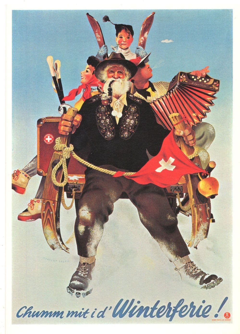 Winterferie Winter Holiday in WW2 1940 Switzerland Travel Poster Postcard